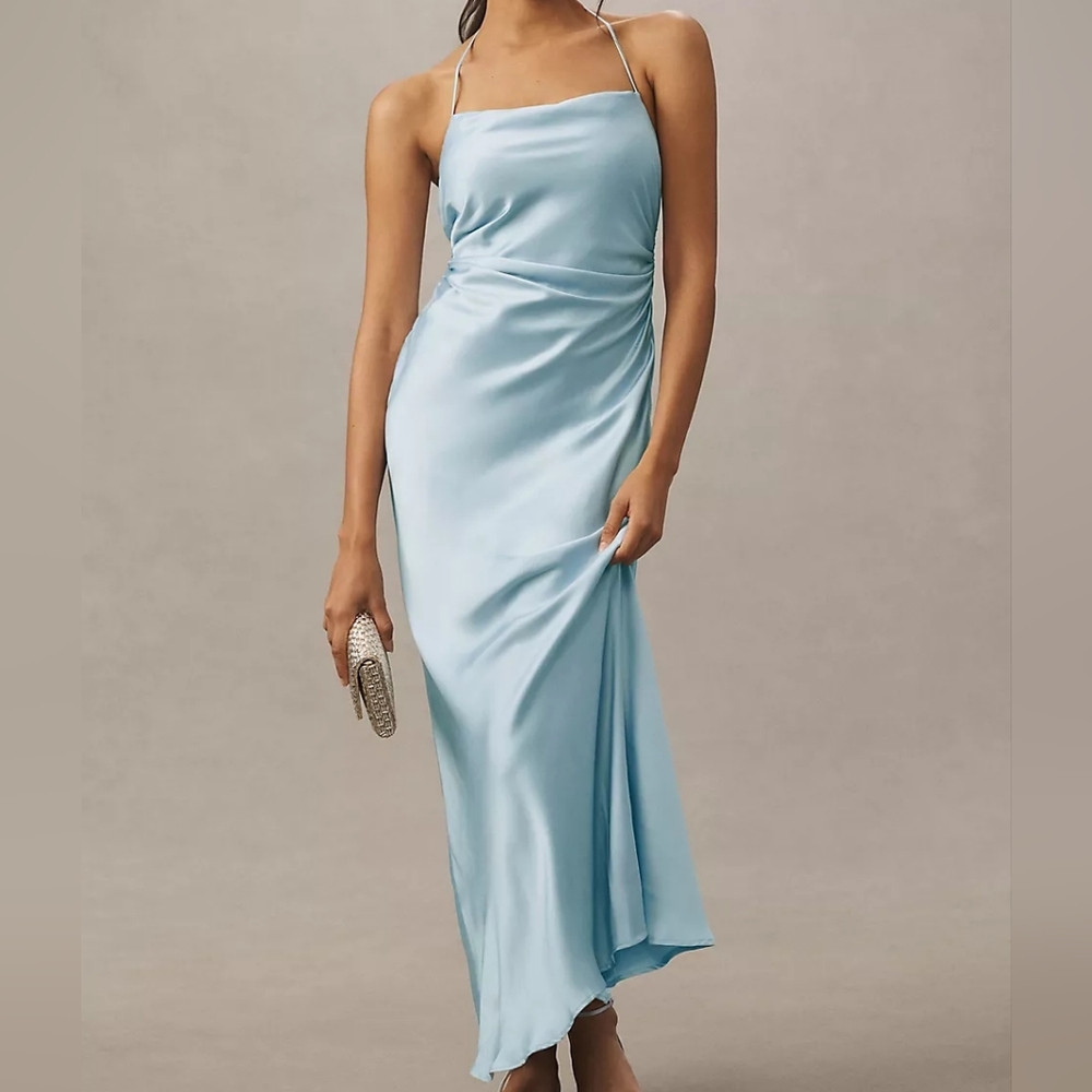BHLDN Saylor Cowl-Neck Satin Maxi Dress In Sky By Anthropologie Size L